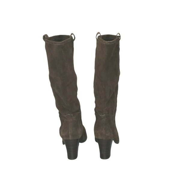 Boots Brown Suede Leather Block Heels Pull On Womens 9 Calf Height Western Almon - Picture 4 of 10